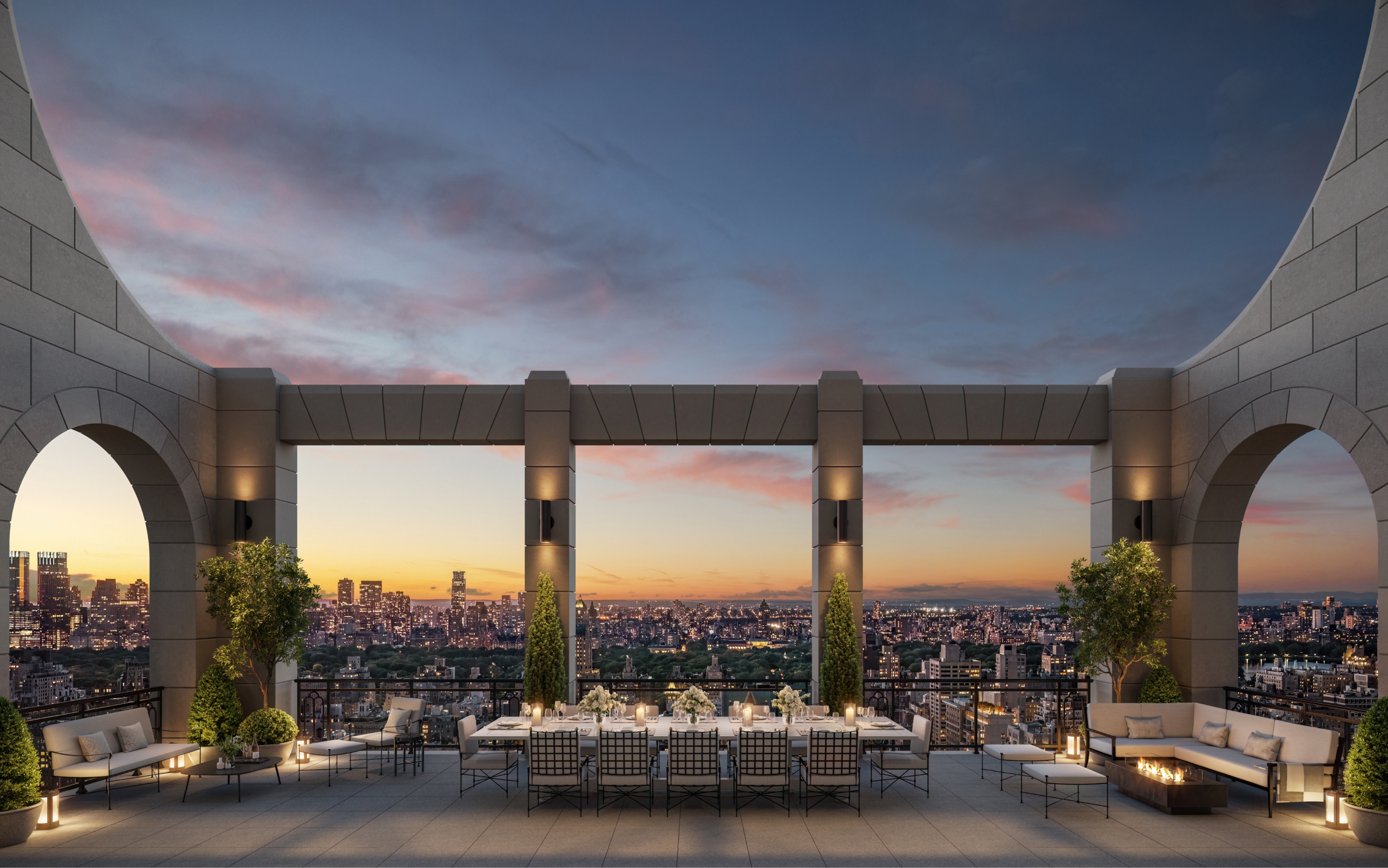 Magnificent furnished penthouse terrace with panoramic sunset NYC views at 255 East 77, Upper East Side luxury condominiums.