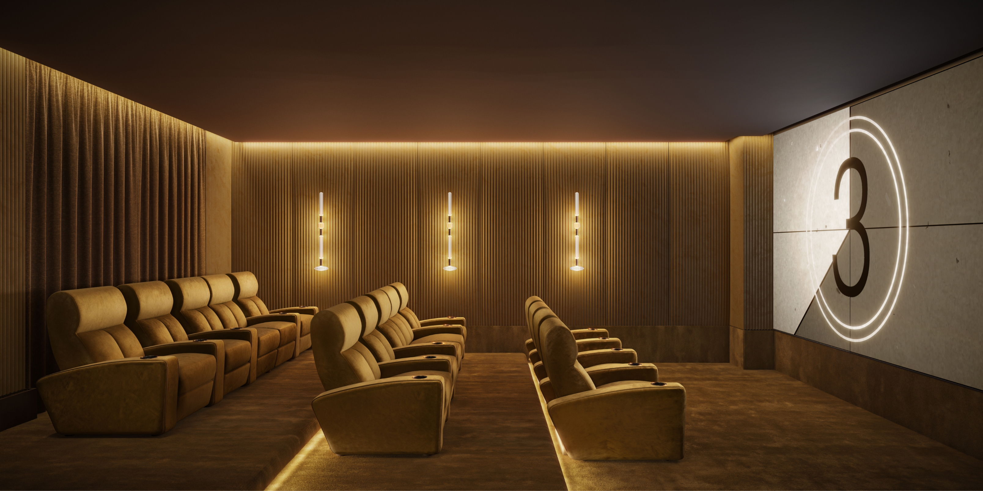 Elegant movie theater screening room, part of the amenities at 255 East 77 condominiums in the Upper East Side.