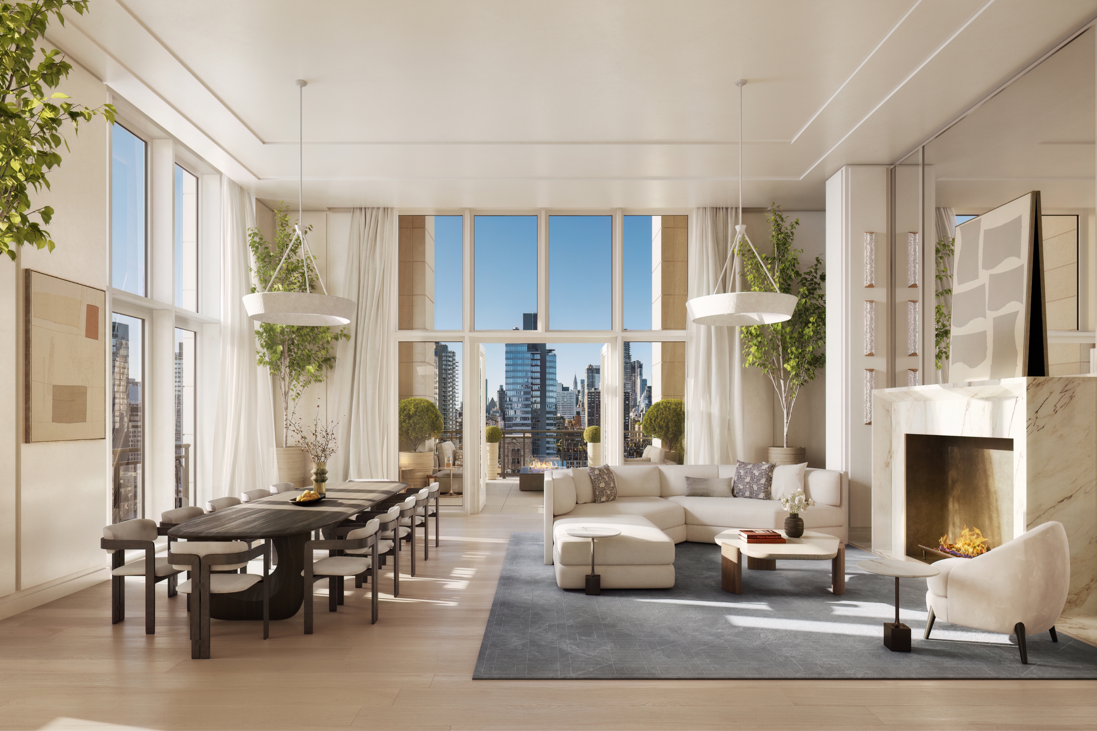 Winter Garden indoor & outdoor amenity spaces with couches and fireplace at 255E77 Residences by Naftali, UES condominiums.