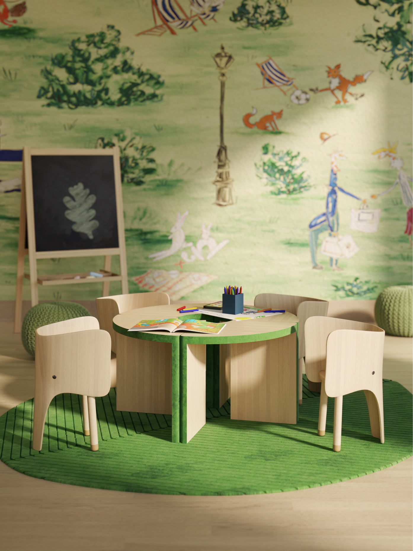 A children’s room with table & chairs and custom mural art, showcasing amenities at 255 East 77th Condominiums on the UES.