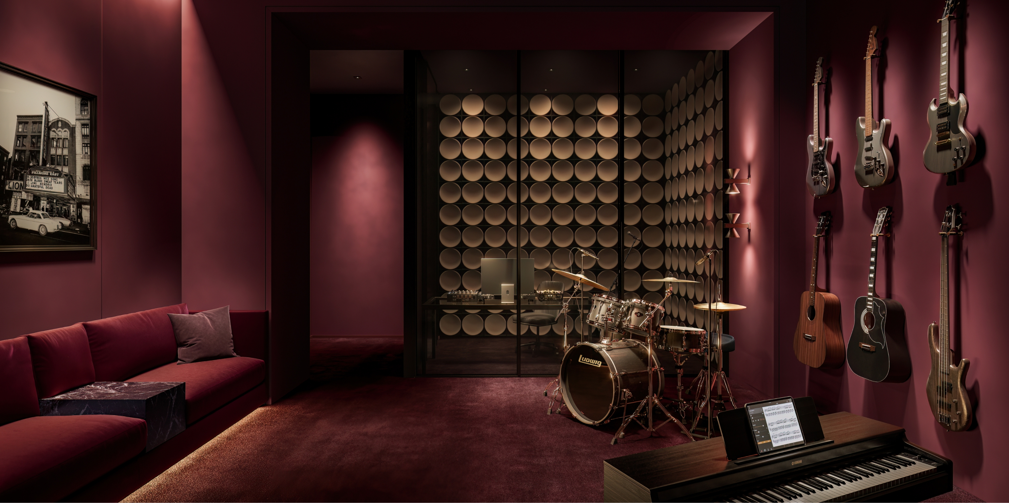 A well-equipped recording room with guitars, piano, and percussion, an amenity at 255 East 77, UES residences for sale.