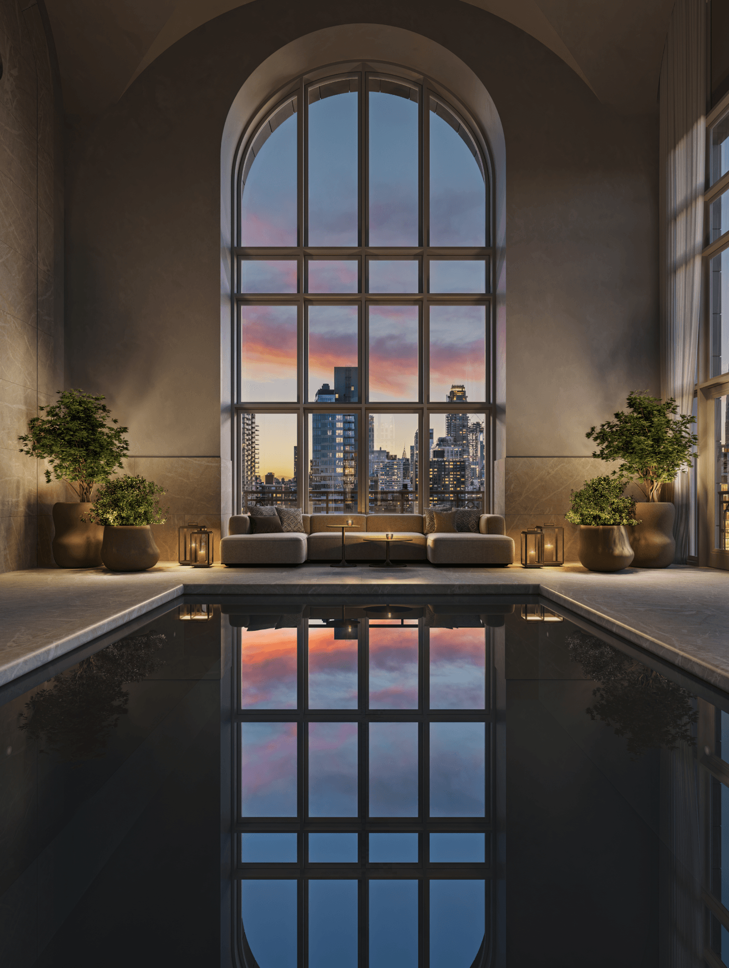 Luxurious indoor pool with a city view at 255 East 77 Condominiums, luxury amenities in the Upper East Side new development.