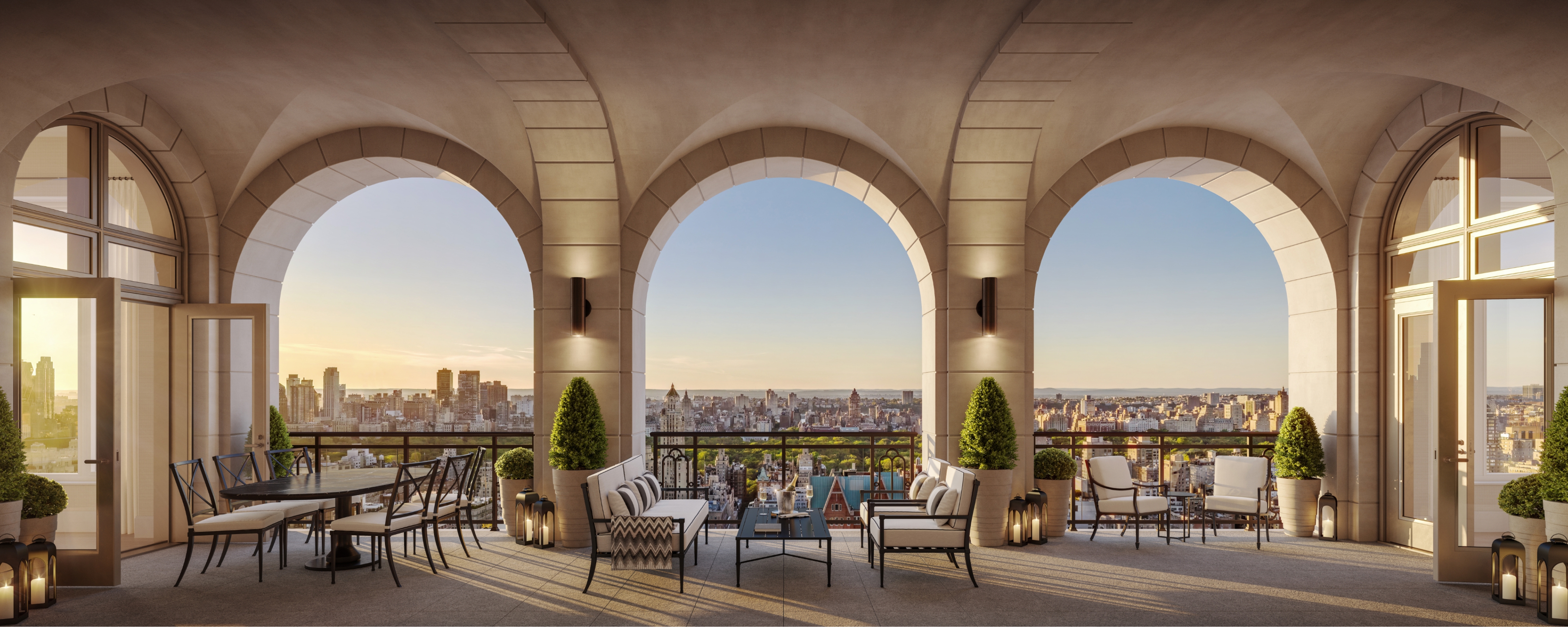 Scenic penthouse terrace with panoramic view of the NYC skyline at 255 E77 Residences on the UES by Naftali Group.