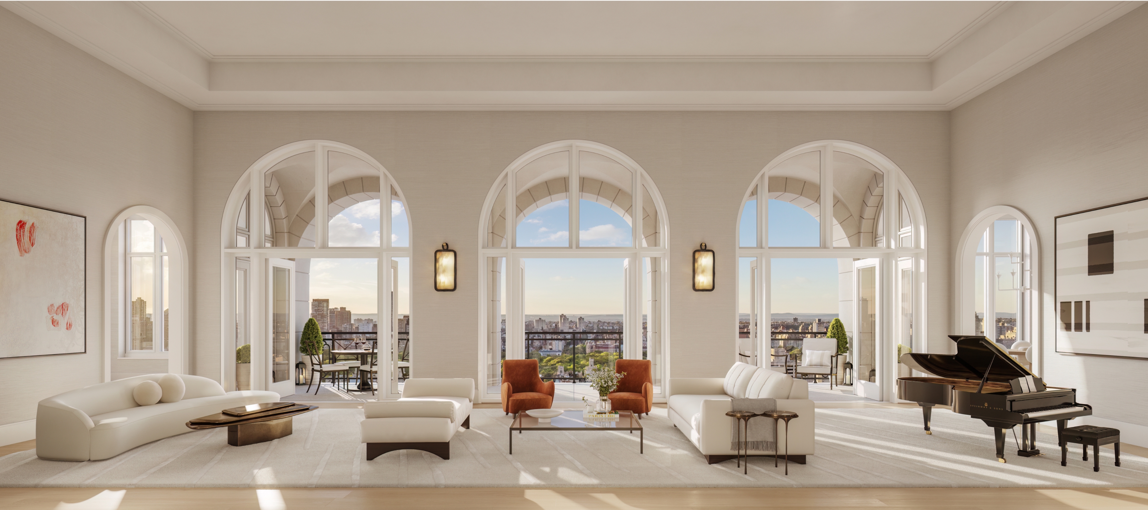 A penthouse living room featuring arched windows and a piano, located at 255 East 77 Residences on the Upper East Side.