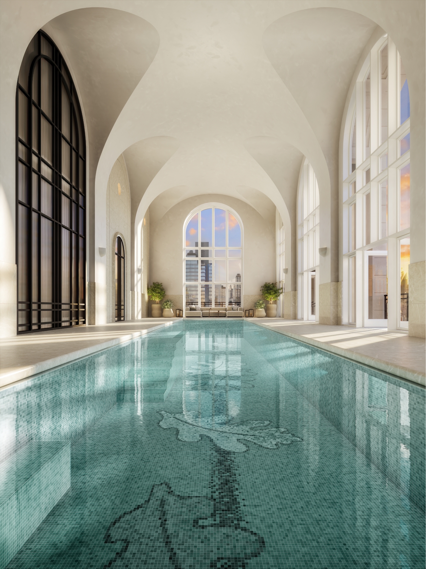 75-foot lap swimming pool at 255 East 77 Residences, showcasing luxurious amenities at the Upper East Side condominiums.